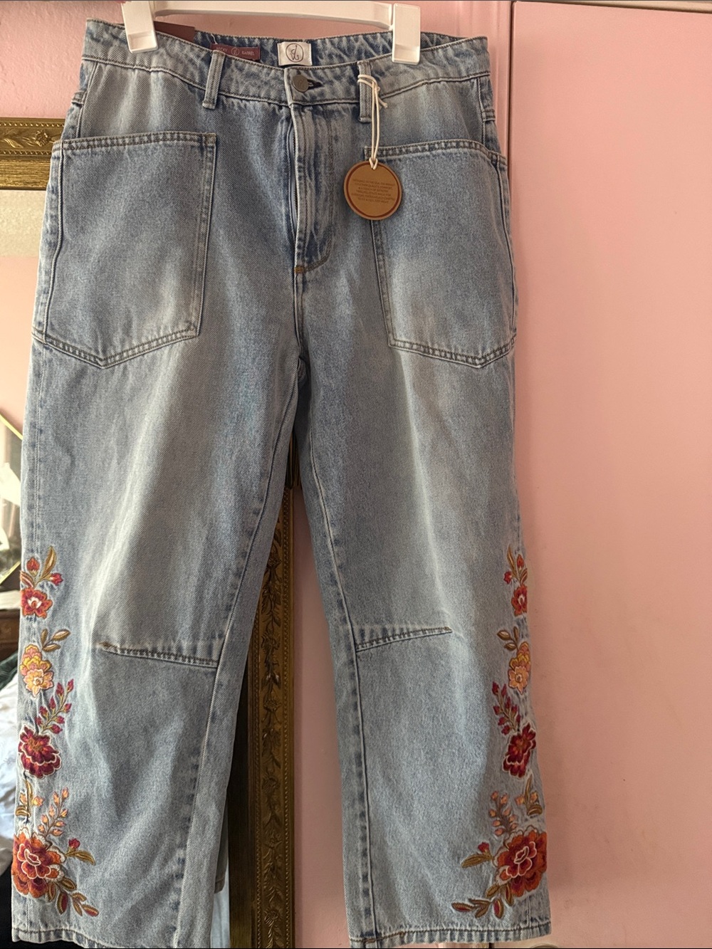 American Eagle Outfitters Light Blue Wide-Leg Jeans with Floral Embroidery